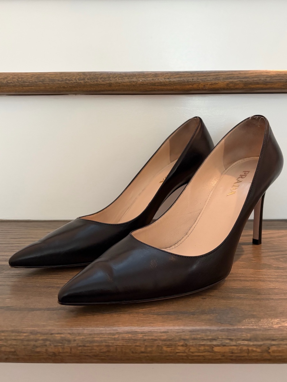 Prada Black Leather Pointed-Toe Stiletto Pumps, 85mm, Size 38